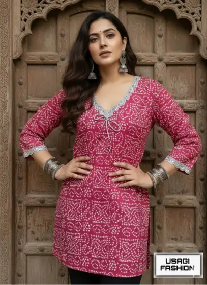 usagi Women Bandhni Print Kurta (Pink)