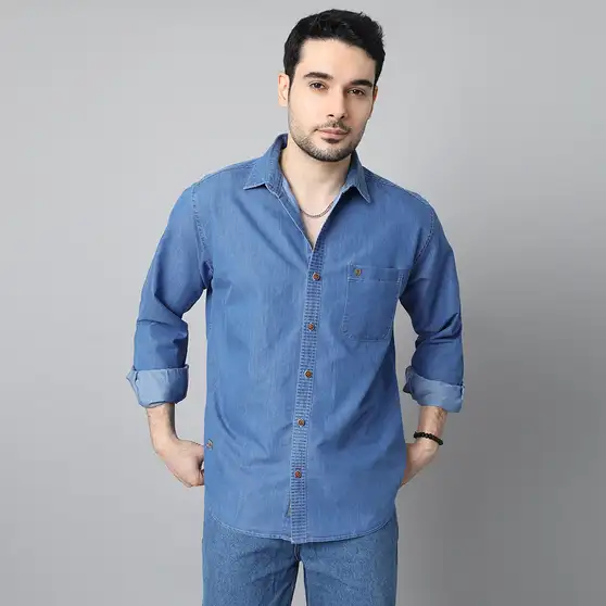 D Finish Men Solid Casual Blue Shirt