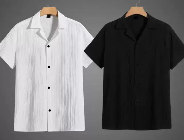 vrlooks Men Self Design Casual White, Black Shirt