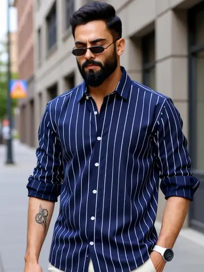 SRGI Men Striped Casual Dark Blue Shirt (S)