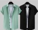vrlooks Men Self Design Casual Dark Green, Black Shirt