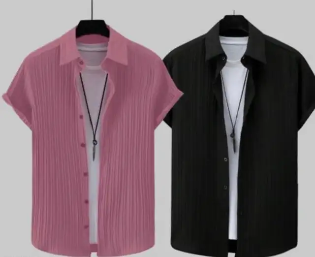 vrlooks Men Self Design Casual Pink, Black Shirt (S)