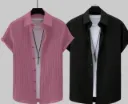 vrlooks Men Self Design Casual Pink, Black Shirt